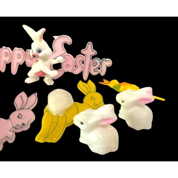Vintage Easter Bunny Cake Toppers 11 Pieces Plastic & Flocked Decorations - Picture 4 of 4
